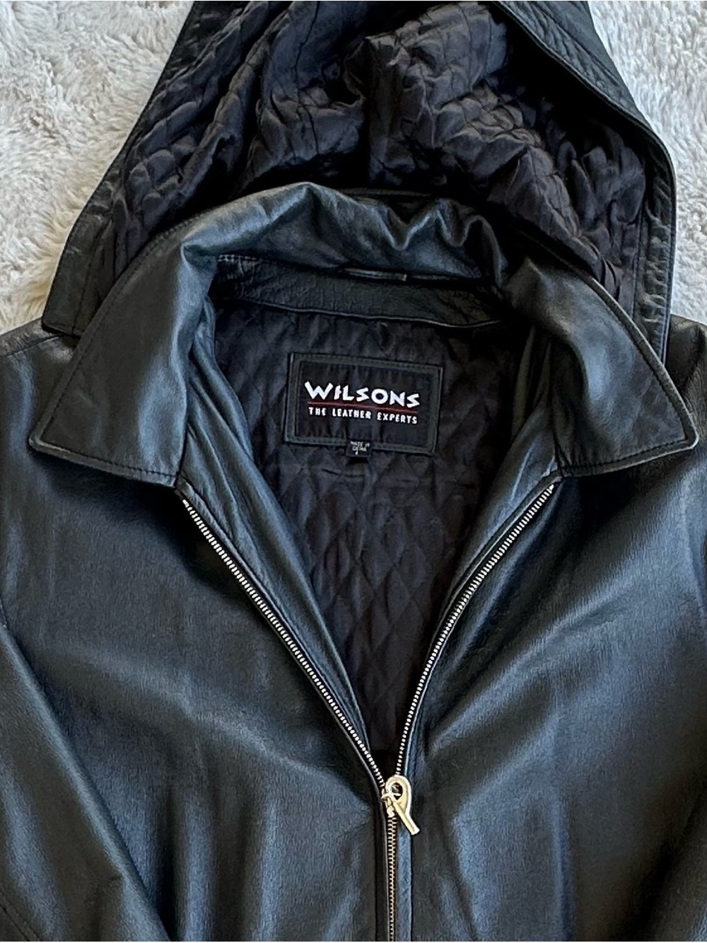 Wilsons Leather Black Hooded Long Coat Jacket Quilted Lining Large Y2K Style
